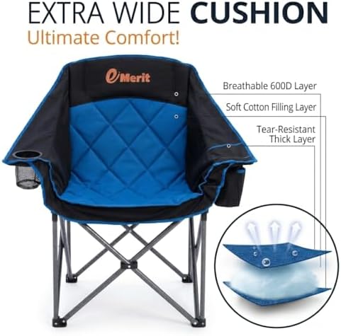 EMERIT Oversized Padded Camping Chair for Big Tall Adults, 500 LBS Heavy Duty Foldable Quad Lawn Chair, 19.68" High Seat, 4-Layer Cushion, Cup Holder, Camping Tailgating Backyard Patio Sports, Blue