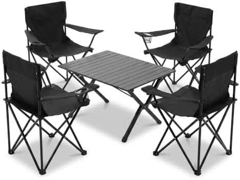 4 Pack Folding Camping Chairs with Table Set, Foldable Portable Lawn Chairs with Carry Bag & Cup Holder, Outdoor Table and Chairs for Camp,Beach, Picnics,and Fishing Supports 300LBS（Black）