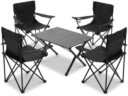 4 Pack Folding Camping Chairs with Table Set, Foldable Portable Lawn Chairs with Carry Bag & Cup Holder, Outdoor Table and Chairs for Camp,Beach, Picnics,and Fishing Supports 300LBS（Black）