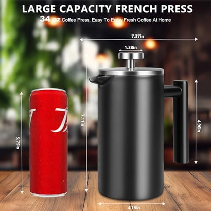 34 OZ Large French Press, Premium Stainless Steel French Press Coffee Maker