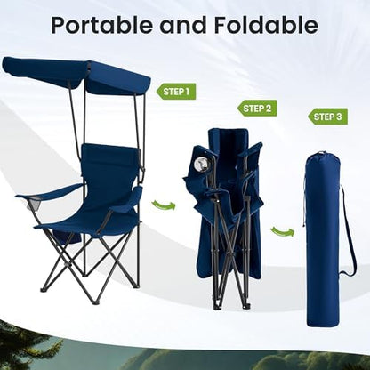 Portable Camping Chair 2 Pack with Foldable Canopy, Folding Outdoor Chair with Cup Holder & Side Pocket for Camping, Hiking, Picnic, Beach (Blue)