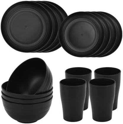 16Pcs Black Unbreakable Dinnerware Set Plates Bowls Cups for 4