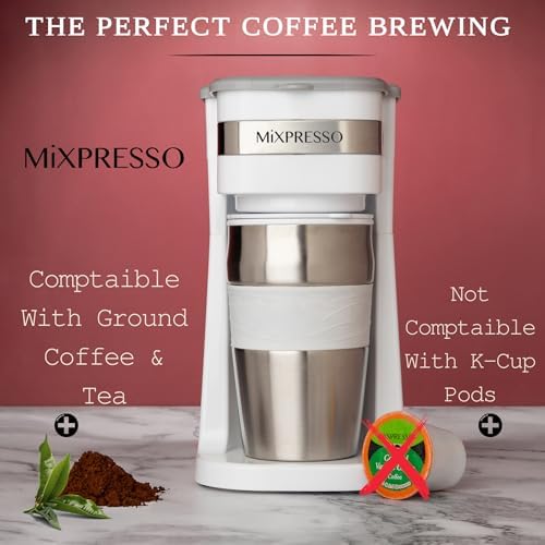 Mixpresso Single Serve & Single Cup Coffee Maker with 14oz Travel Mug White