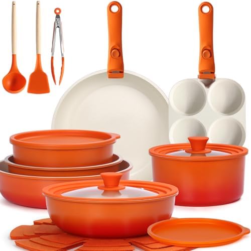 GIPP Pots and Pans Set Non Stick,Kitchen Cookware Set Detachable Handle, Non Toxic Cooking Pan Set with Frying Pans Set,RV Cookware Sets for All Stoves, Orange Gradient, 21PCS