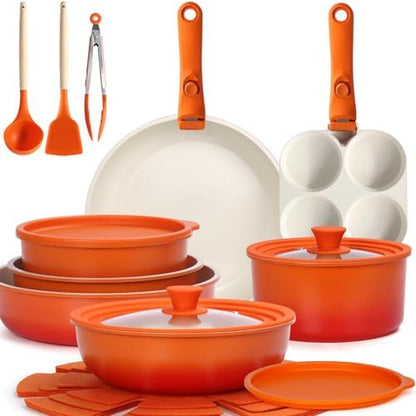 GIPP Pots and Pans Set Non Stick,Kitchen Cookware Set Detachable Handle, Non Toxic Cooking Pan Set with Frying Pans Set,RV Cookware Sets for All Stoves, Orange Gradient, 21PCS