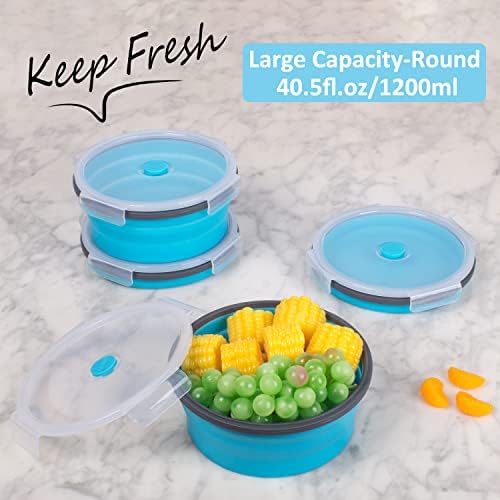 Collapsible Food Storage Containers with Airtight Lid & Vent, 40.5 oz, Kitchen Stacking Silicone Collapsible Meal Container Set for Leftover, Microwave Freezer Dishwasher Safe, Blue Round, Set of 4