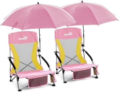 Folding Beach Chair with Umbrella for Adults, 2 Pack Portable Low Beach Chairs with 300lbs Capacity, Lightweight Fodable Camping Chair for Travel, Picnic, Concert & Outdoor Activities,Pink-Yellow