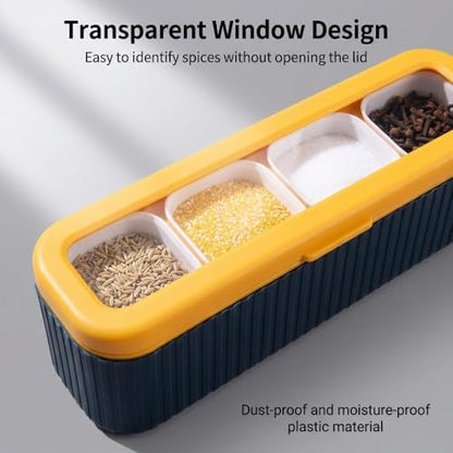 Clear Seasoning Box, 4PCS Seasoning Rack Spice Pots, Storage Container Condiment Jars Seasoning Box with Clear Covers and Spoons for Spice, Sugar, Salt, Pepper, Garlic Powder (Blue)