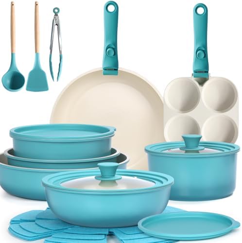 GIPP Pots and Pans Set Non Stick,Kitchen Cookware Set Detachable Handle, Non Toxic Cooking Pan Set with Frying Pans Set,RV Cookware Sets for All Stoves, Light Blue Gradient, 21PCS