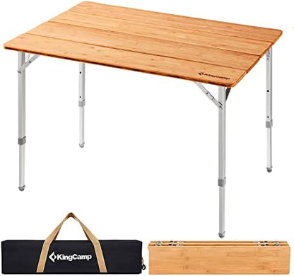 KingCamp Bamboo Folding Camping Table, 4-Fold Adjustable Outdoor Table