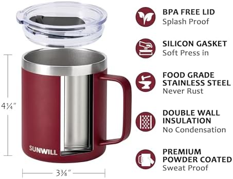 SUNWILL Travel Coffee Mug with Lid, 14 oz Insulated Stainless Steel