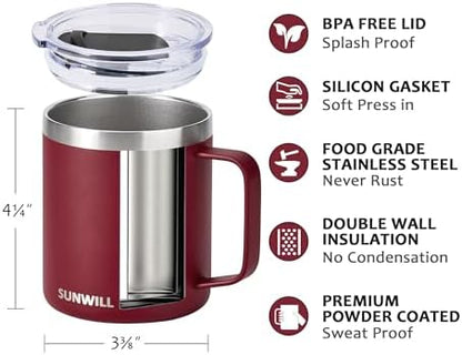 SUNWILL Travel Coffee Mug with Lid, 14 oz Insulated Stainless Steel