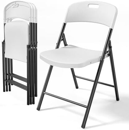 Bonnlo 4-Pack White Plastic Folding Chairs, Portable Seat with Sturdy Steel Frame for Indoor & Outdoor Use, Perfect for Banquet, Party, Wedding, Office, and Camping