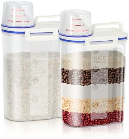 TBMax Rice Cereal Container Oatmeal Dispenser - 2 Pack Rice Storage Container with Measuring Cup + Easy Pouring Spout, Perfect for Flour Sugar Grain Nuts Kitchen Pantry Storage Organization
