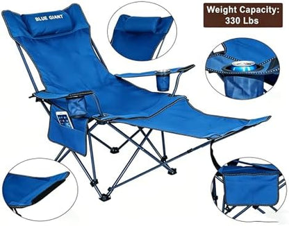 2 Pack Adjustable Folding Camping Chairs with Detachable Footrest and Headrest, Lightweight and Portable, Ideal for Hiking, Travel, Fishing and Outdoor Activities (Blue)
