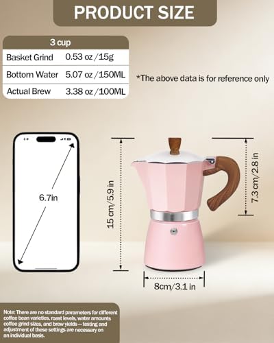 Coffee Maker Stovetop Espresso Maker 3 Cup Aluminum Moka Pot Percolator 5oz 150ml Easy Brewing for Electric Ceramic Stoves Home Camping Italian Cuban Café Classic Sip Sized Pink