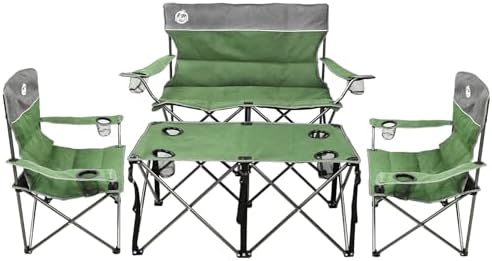 Northroad Folding Camping Chair Set of 4, Portable Collapsible Conversation Set w/1 Sofa, 2 Single Chairs, 1 Table for Family Patio, Outdoor Travel, Beach(Green)