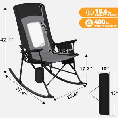 Romswi 2 Pack Folding Rocking Camping Chairs for Adults, Heavy Duty Outdoor Rocker with Breathable Mesh Back, Hard Armrests, Cup Holder, Supports 400 lbs for Patio, Lawn, Beach, Black