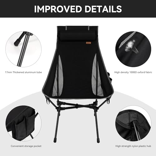 High Back Camping Chair for Adults, Folding Chair Supports 440 lbs, Lightweight Portable Backpacking Chair with Adjustable Pillow for Hiking & Camping