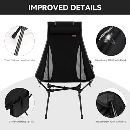 High Back Camping Chair for Adults, Folding Chair Supports 440 lbs, Lightweight Portable Backpacking Chair with Adjustable Pillow for Hiking & Camping