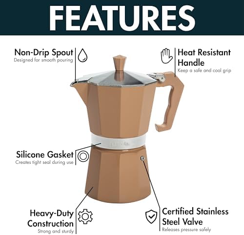 Primula Classic Moka Pot Stovetop Espresso and Coffee Maker, Italian and Cuban Cafetera for Rich Espresso Brewing, Durable Aluminum Greca Coffee Maker with Easy Grip Handle, 6-Cup, Caramel