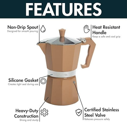 Primula Classic Moka Pot Stovetop Espresso and Coffee Maker, Italian and Cuban Cafetera for Rich Espresso Brewing, Durable Aluminum Greca Coffee Maker with Easy Grip Handle, 6-Cup, Caramel
