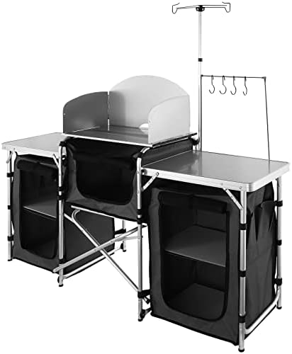 VEVOR Camping Kitchen Table, Folding Outdoor Cooking Table with Storage Carrying Bag, Aluminum Cook Station 3 Cupboard & Detachable Windscreen, Quick Set-up for Picnics, BBQ, RV Traveling, Black