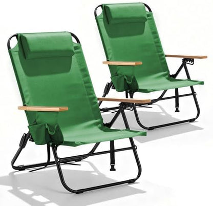 2 Pack Premium 5-Position Reclining Camping Chair - Portable Folding Lightweight Outdoor Chair with Wooden Armrests, Headrest & Pockets, 350lbs Heavy Duty for Beach, Patio, Backyard, Green