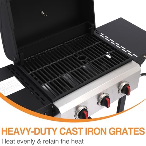 Propane Gas Grill with Folding Side Tables, 3-Burner Gas Grill with Cast Iron Grates and Stainless Steel Griddle Pan, Outdoor BBQ Grill Portable with Wheels 30,000 BTU Output