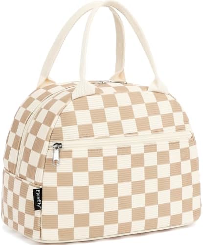 FlowFly Lunch Bag for Women Insulated Lunch Box Corduroy Lunch Tote Cooler for Travel Work Picnic,Corduroy Plaid Khaki