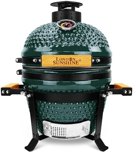 London Sunshine 13-Inch Ceramic Kamado Grill, Waterproof Vent Cap, Green