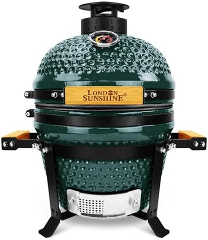 London Sunshine 13-Inch Ceramic Kamado Grill, Waterproof Vent Cap, Green