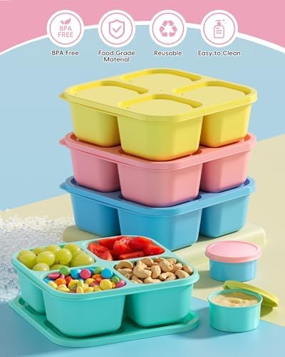 Canfanni 4 Pcs Snack Box Containers Set, Reusable 4 Compartment Lunchable Container with 2Pcs Sauce Containers, Stackable BPA-Free Bento Box for School, Work, Travel (4 Color)