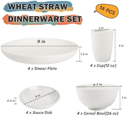Wheat Straw Plates and Bowls Sets of 16，Unbreakable Dinnerware Sets for 4, Microwave & Dishwasher Safe Kids Dish Set for Kitchen, Outdoor, Camping, Party, RV- White