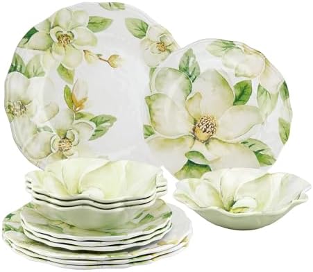UP 12 Piece Magnolia Melamine Dinnerware Sets, Outdoor Dishes Set, Plates and Bowls Sets, Service for 4, Green