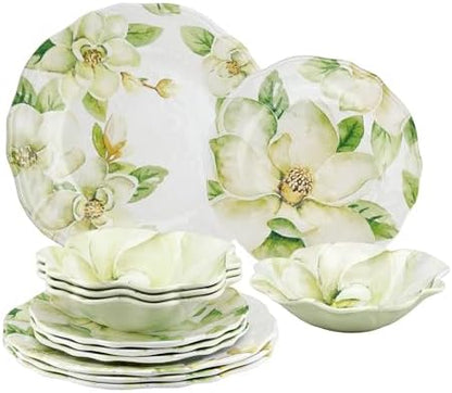UP 12 Piece Magnolia Melamine Dinnerware Sets, Outdoor Dishes Set, Plates and Bowls Sets, Service for 4, Green