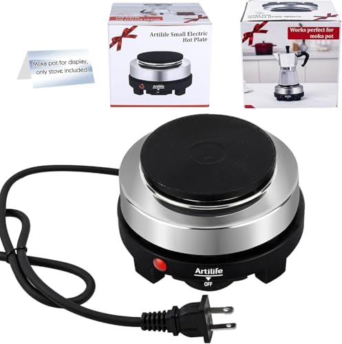 Artilife 500W Mini Electric Hot Plate - Moka Pot Special, 110V Compact RV Camping Stove, 4" Cast Iron Burner for Coffee, Low Wattage Portable (Silver)