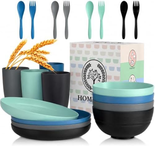 Homienly Unbreakable Plates and Bowls Sets 20 PCS Wheat Straw Dinnerware Sets Microwave & Dishwasher Safe Plate Set Kids Plastic Plates Camping Dish Set, Salad, Hamburger, Pizza-Nightscape