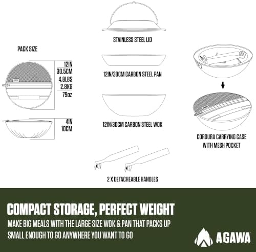 AGAWA CARBONTRAIL12 Adventure Cook Set | Nitrided Carbon Steel Camping Cookware with Removable Handles & Cordura Storage Case | Lightweight Outdoor Cook Set for Camping, Open Fire Cooking