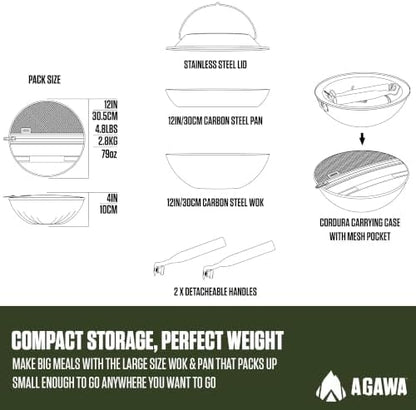 AGAWA CARBONTRAIL12 Adventure Cook Set | Nitrided Carbon Steel Camping Cookware with Removable Handles & Cordura Storage Case | Lightweight Outdoor Cook Set for Camping, Open Fire Cooking