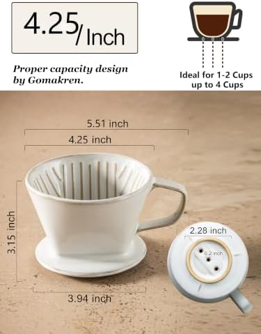 Gomakren Ceramic Pour Over Coffee Dripper, 3-Hole Cone Brewer, White