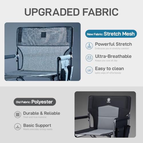 EVER ADVANCED Camping Directors' Chair with Side Table, Portable Folding with Compact Size, Breathable & Quick Dry Design Heavy Duty Lawn Chair with Pocket, 400lbs, Elastic Mesh, Grey