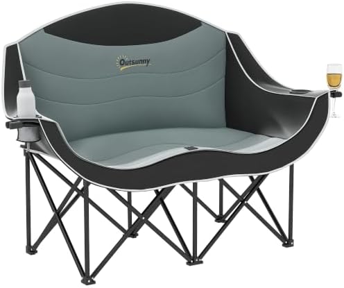 Outsunny Double Camping Chair for Adults, Padded Folding Camp Chair for 2 Person with Armrest, Wine Glass Holder, Cup Holder, Carry Bag for Outdoor Sports, Picnics, Supports up to 552 lbs.