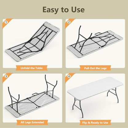 6FT Folding Table 6 Pack, Heavy Duty Fold in Half Plastic Tables with Carry Handle, Portable Indoor Outdoor Utility Table for Party, Picnic, Camping, Banquet, Wedding, RV Travel