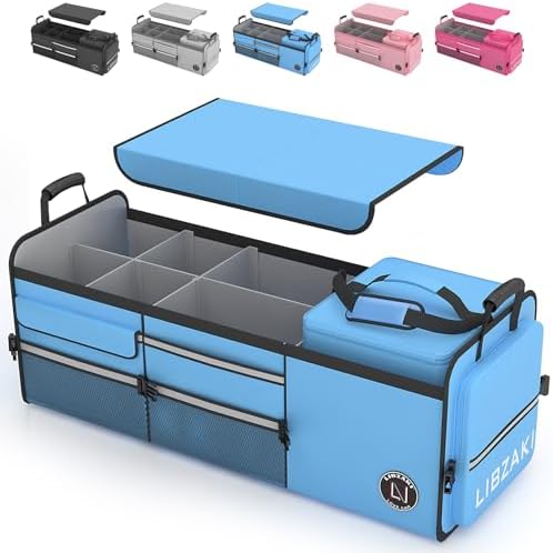 LIBZAKI Oversize 4 in 1 Car Trunk Storage Organizer, Multi Compartment Collapsible Trunk Storage Box with Cooler Bag for Car Truck SUV-Light Blue