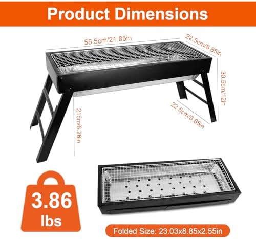 Foldable Charcoal BBQ Grill, 21.8x8.8x12in Portable Grill Charcoal with Side Table, Stainless Steel BBQ Grill, Easy Setup Tabletop Barbecue Grill for Camping Picnic Outdoor Party Backyard Travel
