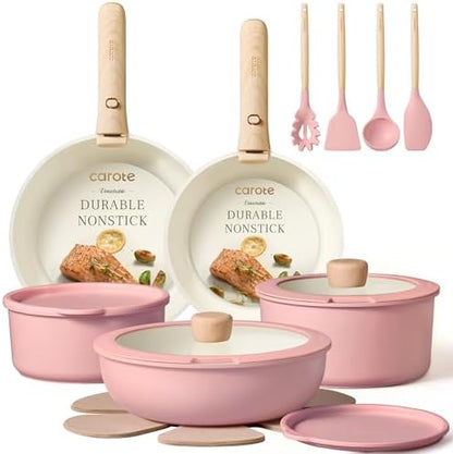 CAROTE 19pcs Pots and Pans Set Non Stick, Detachable Handle Cookware, Pink