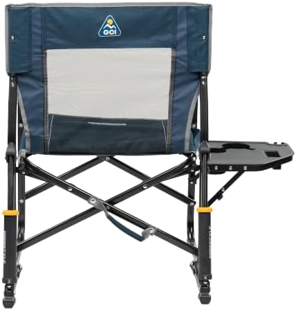 GCI OUTDOOR Freestyle Rocker with Side Table Camping Chair | Portable Folding Rocking Chair with Solid, Durable Armrests, Drink Holder & Comfortable Backrest — Heathered Indigo