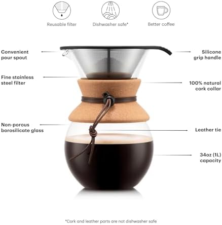 Bodum 34oz Pour Over Coffee Maker, High-Heat Borosilicate Glass with Reusable Stainless Steel Filter and Cork Grip - Made in Portugal