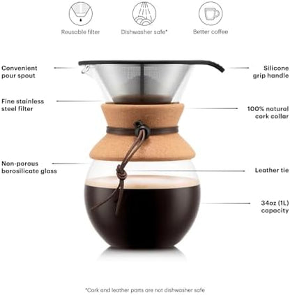 Bodum 34oz Pour Over Coffee Maker, High-Heat Borosilicate Glass with Reusable Stainless Steel Filter and Cork Grip - Made in Portugal